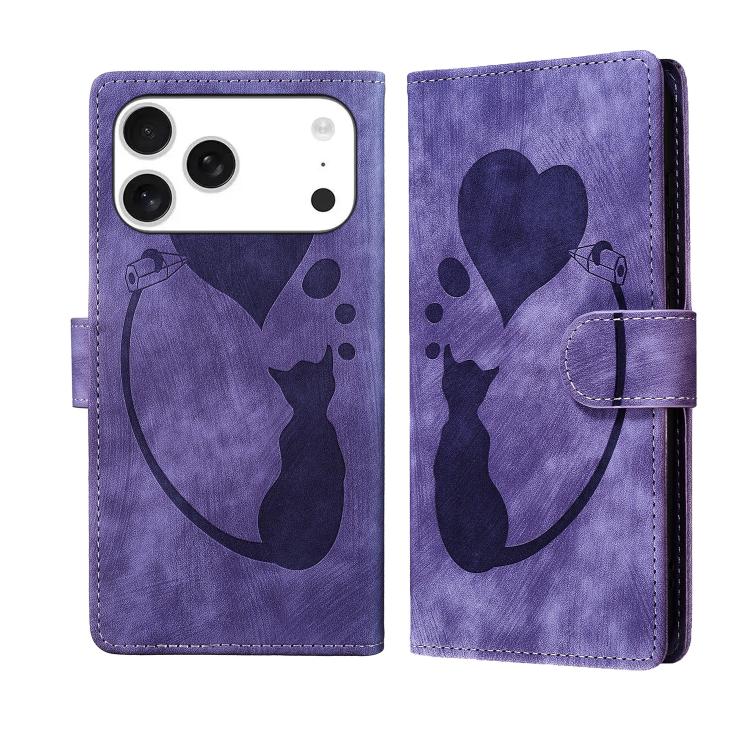 Pen Heart Cat Embossed Leather Phone Case, For iPhone 17 Pro Max, For iPhone 17 Pro, For iPhone 17, For iPhone Air, For iPhone 15 Pro Max, For iPhone 15 Pro, For iPhone 15 Plus, For iPhone 15