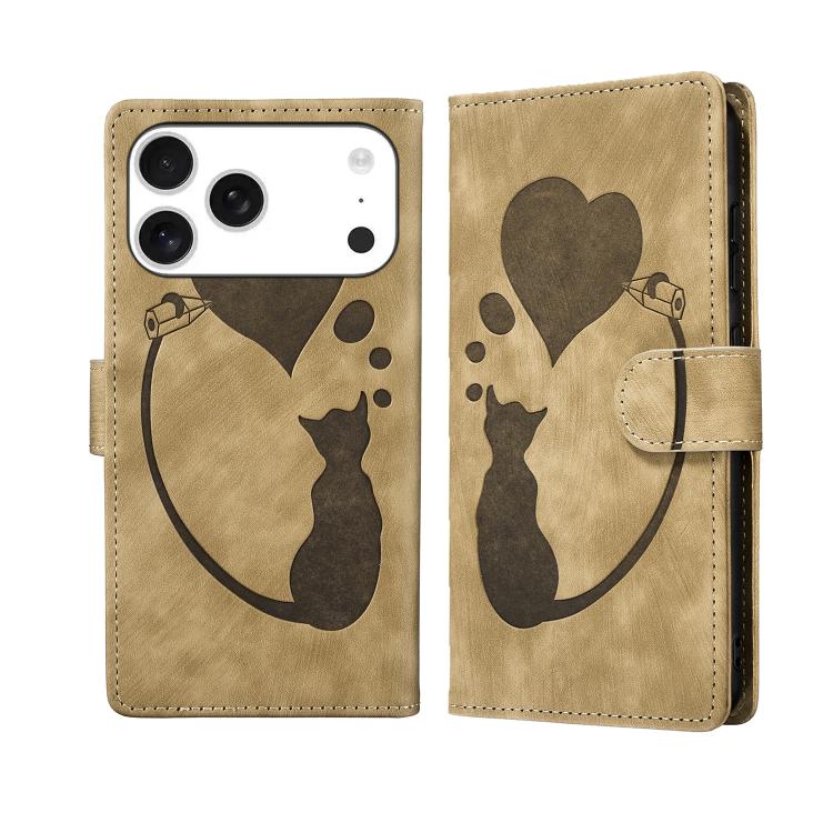 Pen Heart Cat Embossed Leather Phone Case, For iPhone 17 Pro Max, For iPhone 17 Pro, For iPhone 17, For iPhone Air, For iPhone 15 Pro Max, For iPhone 15 Pro, For iPhone 15 Plus, For iPhone 15