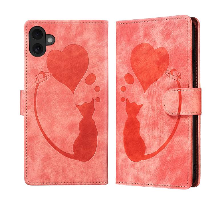 Pen Heart Cat Embossed Leather Phone Case, For iPhone 17 Pro Max, For iPhone 17 Pro, For iPhone 17, For iPhone Air, For iPhone 15 Pro Max, For iPhone 15 Pro, For iPhone 15 Plus, For iPhone 15
