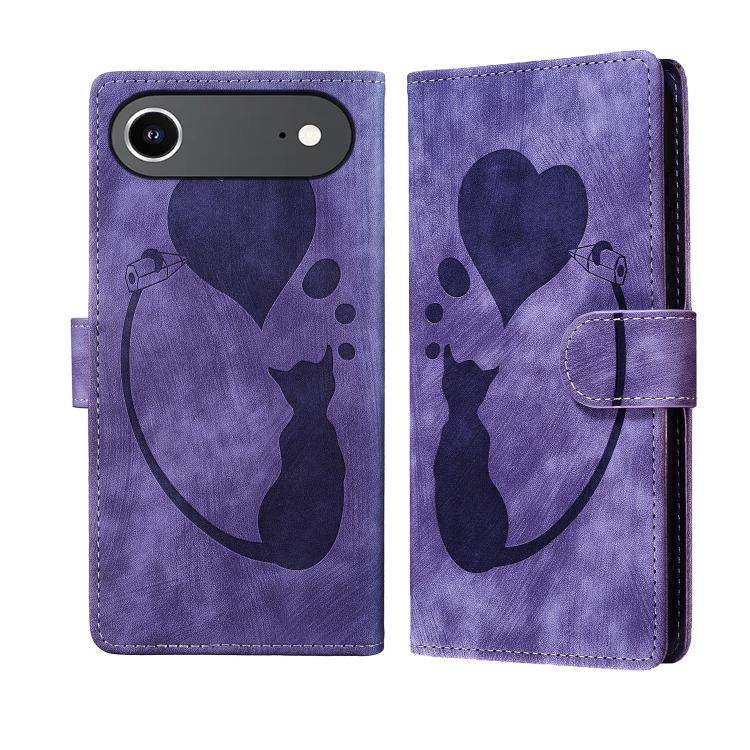 Pen Heart Cat Embossed Leather Phone Case, For iPhone 17 Pro Max, For iPhone 17 Pro, For iPhone 17, For iPhone Air, For iPhone 15 Pro Max, For iPhone 15 Pro, For iPhone 15 Plus, For iPhone 15