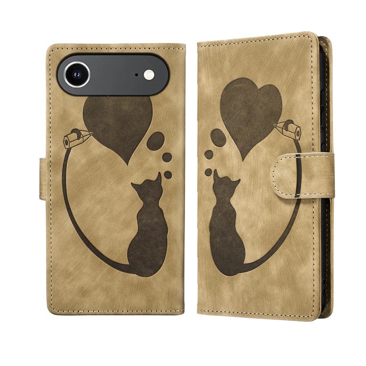 Pen Heart Cat Embossed Leather Phone Case, For iPhone 17 Pro Max, For iPhone 17 Pro, For iPhone 17, For iPhone Air, For iPhone 15 Pro Max, For iPhone 15 Pro, For iPhone 15 Plus, For iPhone 15