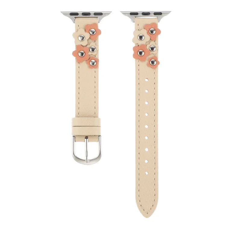 Stitched Flower Leather Watch Band, For Apple Watch SE 2023 44mm, For Apple Watch SE 2023 40mm, For Apple Watch Ultra 2 49mm, For Apple Watch Series 9 45mm, For Apple Watch Series 9 41mm, For Apple Watch Ultra 49mm, For Apple Watch Series 8 41mm       ...