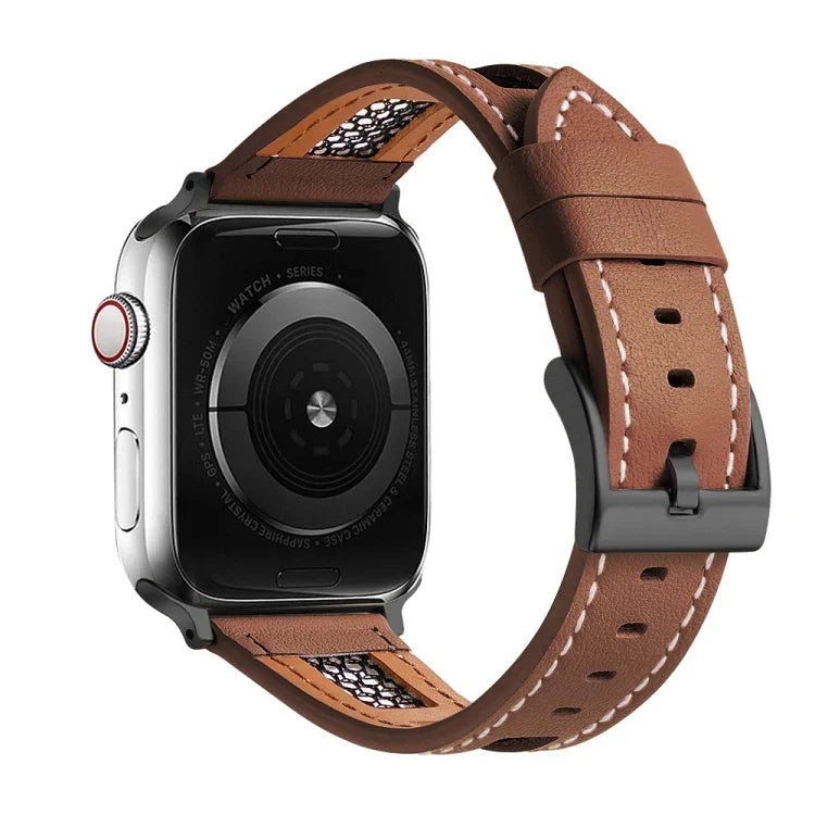 Mesh Calfskin Genuine Leather Watch Band, For Apple Watch SE 2023 44mm, For Apple Watch SE 2023 40mm, For Apple Watch Ultra 2 49mm, For Apple Watch Series 9 45mm, For Apple Watch Series 9 41mm, For Apple Watch Ultra 49mm