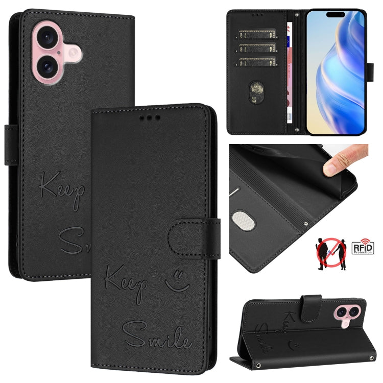 Smile Embossing RFID Leather Phone Case, For iPhone 16, For iPhone 15 Pro Max, For iPhone 15 Pro, For iPhone 15 Plus, For iPhone 15, For iPhone 14 Plus, For iPhone 14 / 13, For iPhone 14 Pro