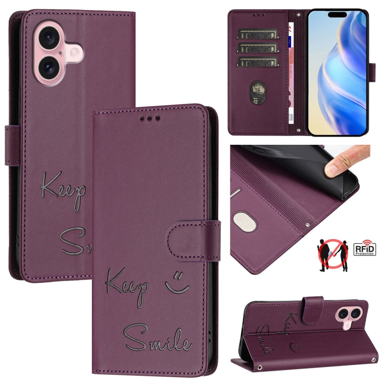 Smile Embossing RFID Leather Phone Case, For iPhone 16, For iPhone 15 Pro Max, For iPhone 15 Pro, For iPhone 15 Plus, For iPhone 15, For iPhone 14 Plus, For iPhone 14 / 13, For iPhone 14 Pro