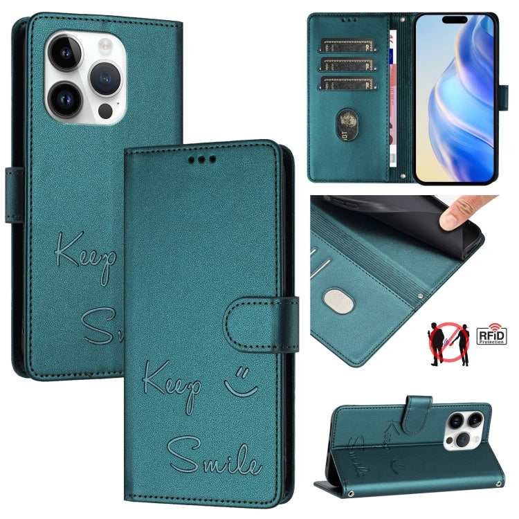 Smile Embossing RFID Leather Phone Case, For iPhone 16, For iPhone 15 Pro Max, For iPhone 15 Pro, For iPhone 15 Plus, For iPhone 15, For iPhone 14 Plus, For iPhone 14 / 13, For iPhone 14 Pro