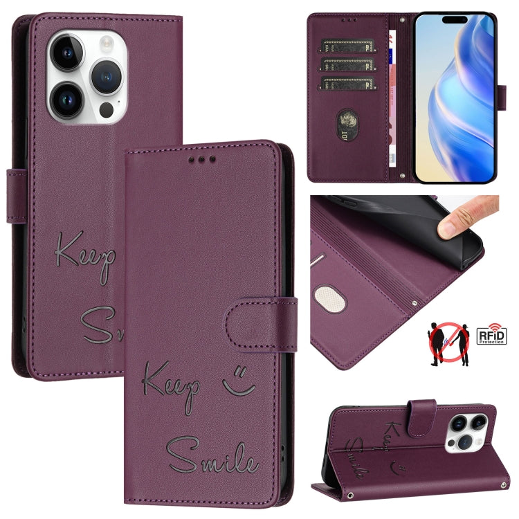 Smile Embossing RFID Leather Phone Case, For iPhone 16, For iPhone 15 Pro Max, For iPhone 15 Pro, For iPhone 15 Plus, For iPhone 15, For iPhone 14 Plus, For iPhone 14 / 13, For iPhone 14 Pro