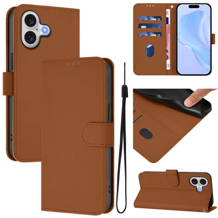 Skin Feel Solid Color Leather Phone Case with Lanyard, For iPhone 17 Pro, For iPhone 17