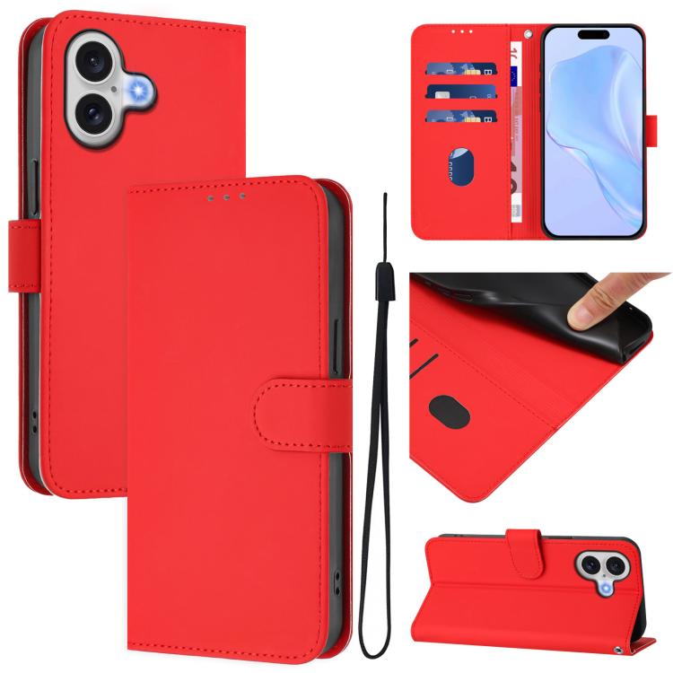 Skin Feel Solid Color Leather Phone Case with Lanyard, For iPhone 17 Pro, For iPhone 17