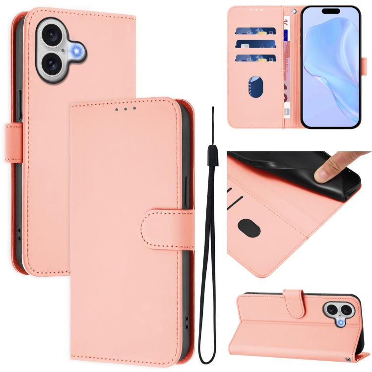Skin Feel Solid Color Leather Phone Case with Lanyard, For iPhone 17 Pro, For iPhone 17