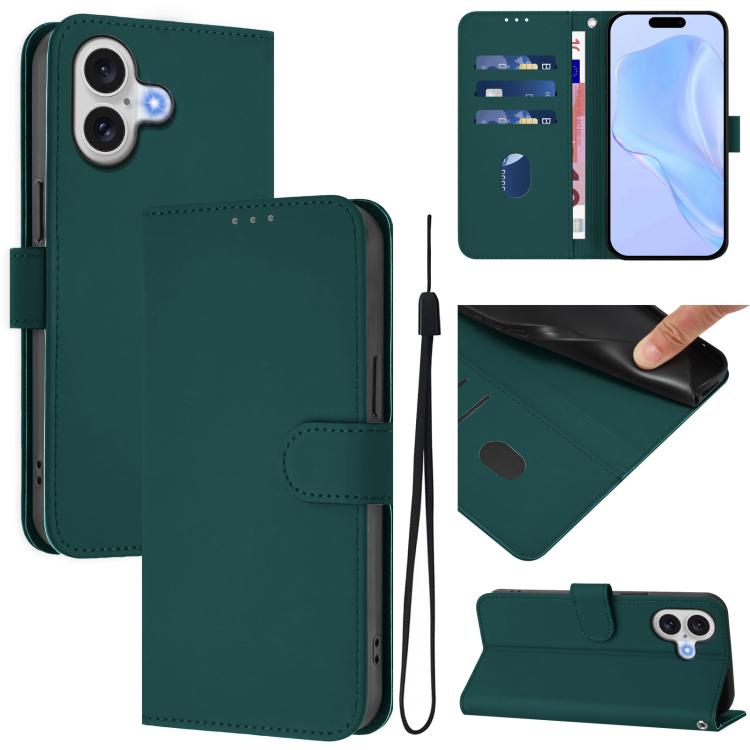 Skin Feel Solid Color Leather Phone Case with Lanyard, For iPhone 17 Pro, For iPhone 17