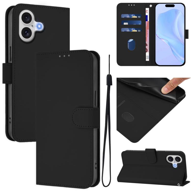 Skin Feel Solid Color Leather Phone Case with Lanyard, For iPhone 17 Pro, For iPhone 17
