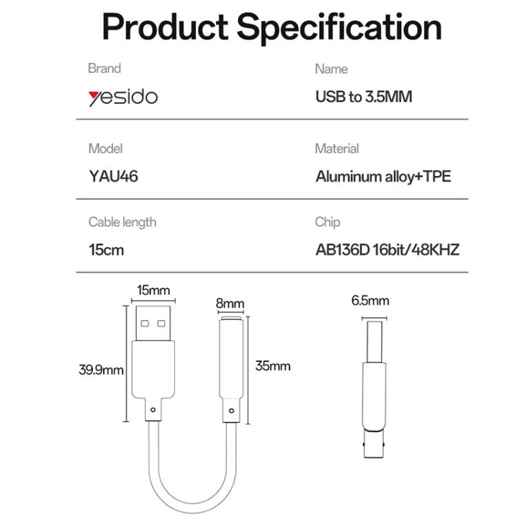 Yesido YAU46 USB to 3.5mm Aluminum Alloy Audio Adapter, YAU46