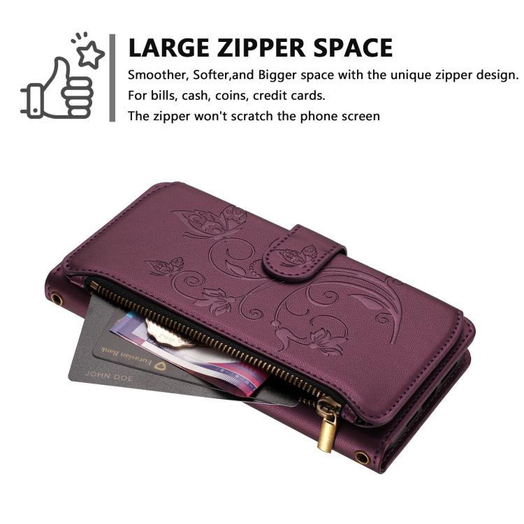 Butterfly Love Flower Multi-card Zipper Wallet Leather Phone Case, For iPhone 17e / 16e, For iPhone 17 Pro Max, For iPhone 17 Pro, For iPhone 17, For iPhone Air, For iPhone 16 Pro Max