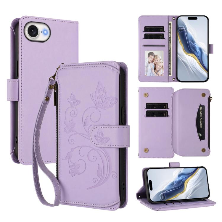 Butterfly Love Flower Multi-card Zipper Wallet Leather Phone Case, For iPhone 17e / 16e, For iPhone 17 Pro Max, For iPhone 17 Pro, For iPhone 17, For iPhone Air, For iPhone 16 Pro Max