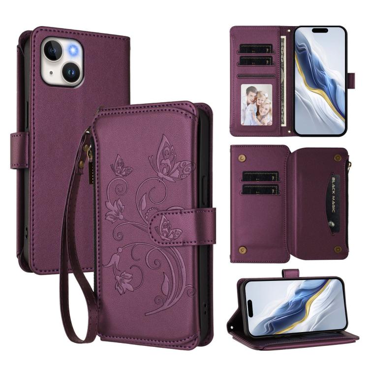 Butterfly Love Flower Multi-card Zipper Wallet Leather Phone Case, For iPhone 16 Pro, For iPhone 16 Plus, For iPhone 16, For iPhone 15 Pro Max, For iPhone 15 Pro, For iPhone 15 Plus