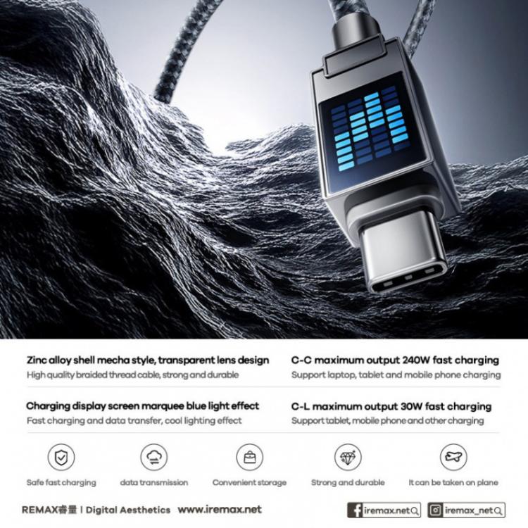 REMAX CB01 PD30W Type-C to 8 Pin Aluminum Alloy Braided Fast Charging Data Cable with LED Light, Length: 1.2m, Type-C to 8 Pin