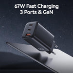 USAMS CC265 67W GaN 2 x Type-C, USB Triple-port Mini Fast Charger, CC265