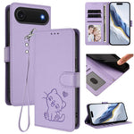 Embossed Heart Cat Leather Phone Case with Hand Strap, For iPhone Air, For iPhone 16 Pro Max, For iPhone 16 Pro, For iPhone 16 Plus
