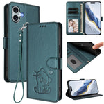 Embossed Heart Cat Leather Phone Case with Hand Strap, For iPhone Air, For iPhone 16 Pro Max, For iPhone 16 Pro, For iPhone 16 Plus