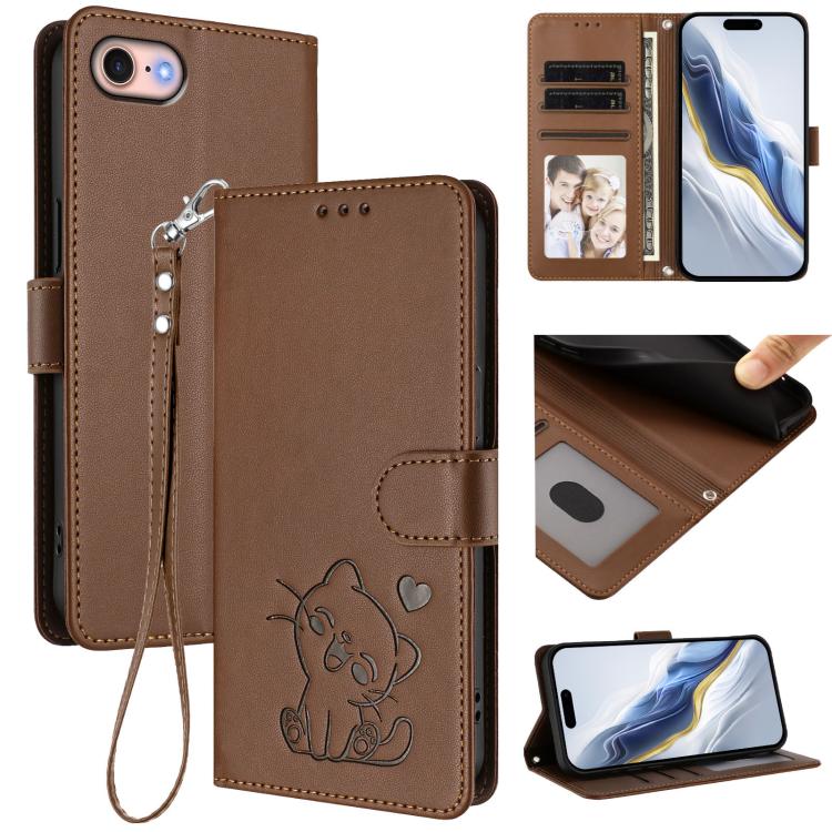 Embossed Heart Cat Leather Phone Case with Hand Strap, For iPhone 14 Pro Max, For iPhone 7 / 8 / SE 2022, For iPhone 13 Pro Max, For iPhone 13 Pro