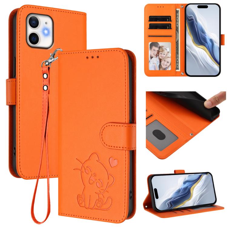 Embossed Heart Cat Leather Phone Case with Hand Strap, For iPhone 11 Pro Max, For iPhone 11, For iPhone 11 Pro, For iPhone X / XS