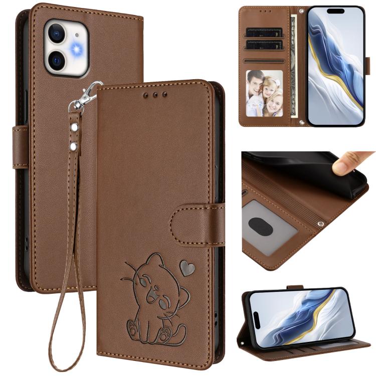 Embossed Heart Cat Leather Phone Case with Hand Strap, For iPhone 11 Pro Max, For iPhone 11, For iPhone 11 Pro, For iPhone X / XS