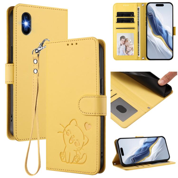 Embossed Heart Cat Leather Phone Case with Hand Strap, For iPhone 11 Pro Max, For iPhone 11, For iPhone 11 Pro, For iPhone X / XS