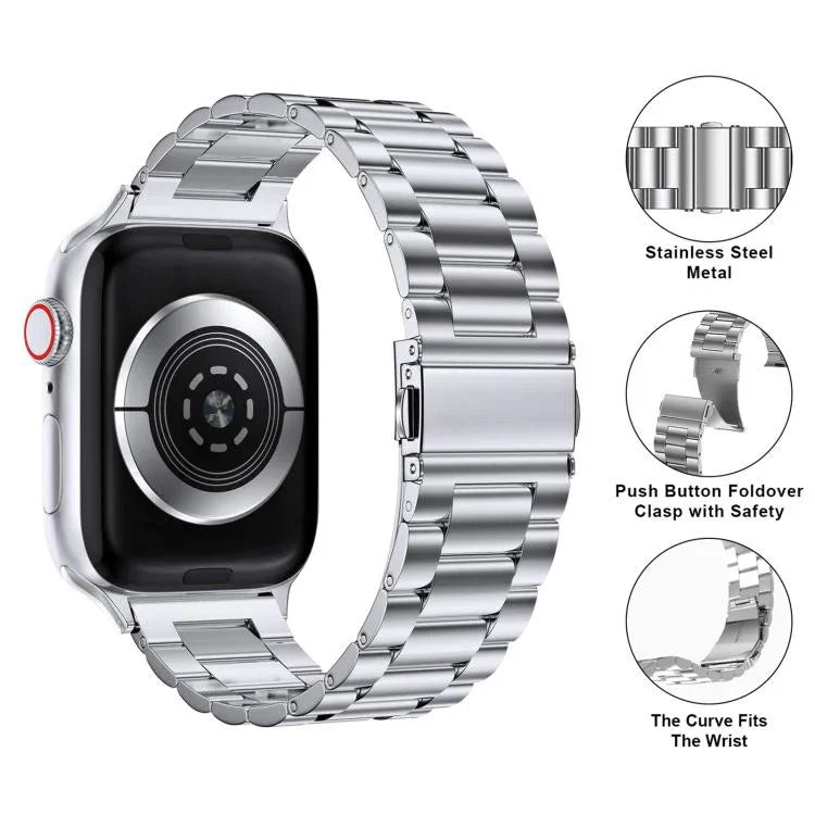 Three Beads Stainless Steel Watch Band with 3D Curved Film, For Apple Watch Series 10 46mm, For Apple Watch Series 10 42mm, For Apple Watch Series 44mm, For Apple Watch Series 40mm