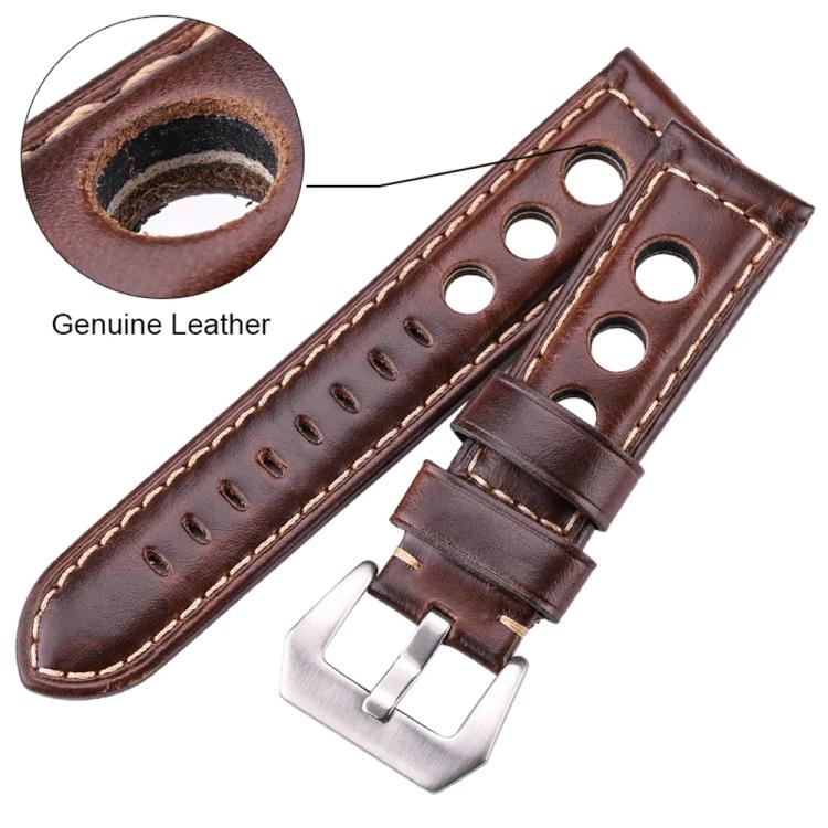 xDfind Silver Buckle Three-hole Breathable Genuine Leather Watch Band, 20mm, 22mm, 24mm