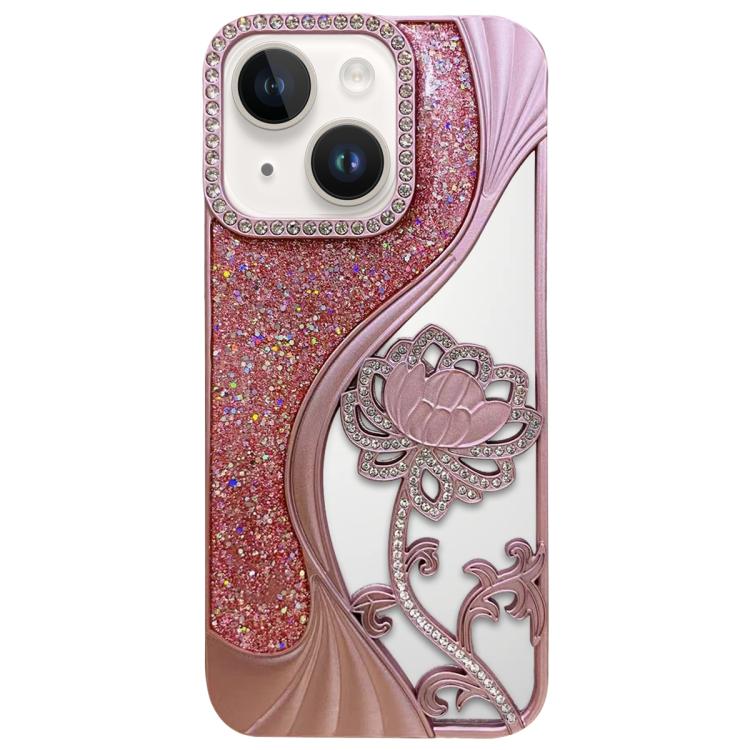 Electroplated TPU Lotus Hollow-carved  Rhinestone Glitter Phone Case, For iPhone 15, For iPhone 14, For iPhone 14 Pro, For iPhone 14 Pro Max, For iPhone 13 Pro Max, For iPhone 13 Pro, For iPhone 13, For iPhone 12