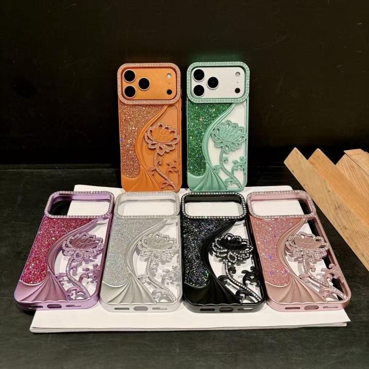 Electroplated TPU Lotus Hollow-carved  Rhinestone Glitter Phone Case, For iPhone 12 Pro Max, For iPhone 12 Pro, For iPhone 11 Pro Max, For iPhone 11