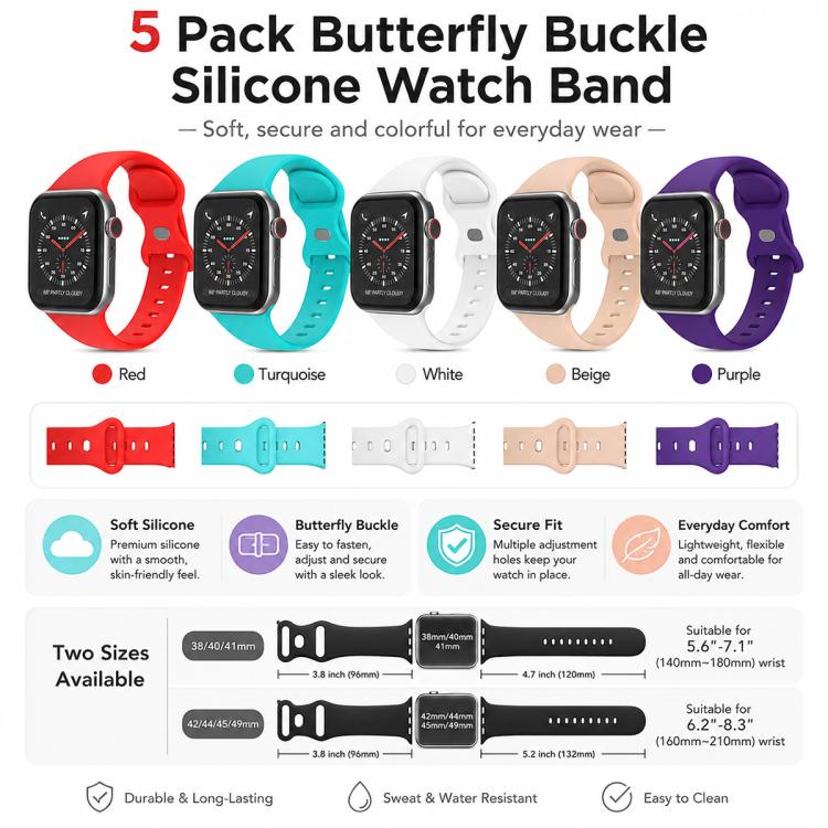 5 Pack xDfind Butterfly Buckle Silicone Watch Band, For Apple Watch 42 / 44 / 45 / 46 / 49mm, For Apple Watch 38 / 40 / 41 / S11 42mm