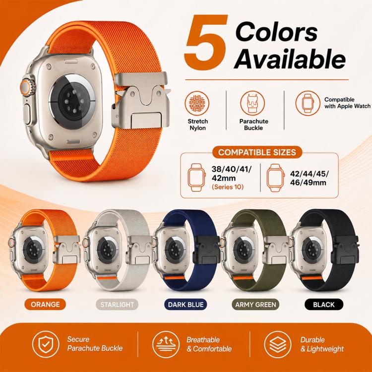 5 Pack xDfind Parachute Buckle Stretch Nylon Watch Band, For Apple Watch 42 / 44 / 45 / 46 / 49mm, For Apple Watch 38 / 40 / 41 / S11 42mm