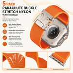 5 Pack xDfind Parachute Buckle Stretch Nylon Watch Band, For Apple Watch 42 / 44 / 45 / 46 / 49mm, For Apple Watch 38 / 40 / 41 / S11 42mm