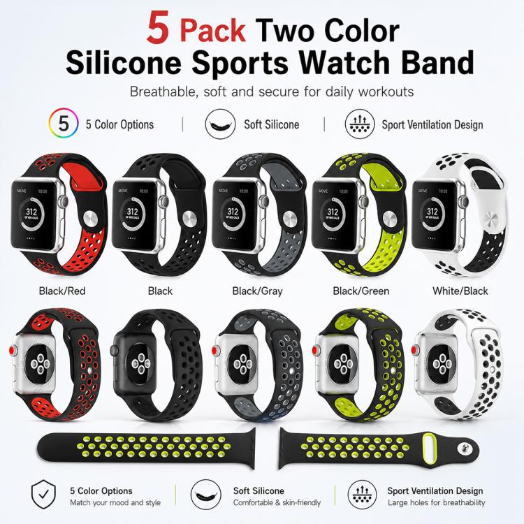 5 Pack xDfind Two Color Silicone Sports Watch Band, For Apple Watch 42 / 44 / 45 / 46 / 49mm, For Apple Watch 38 / 40 / 41 / S11 42mm