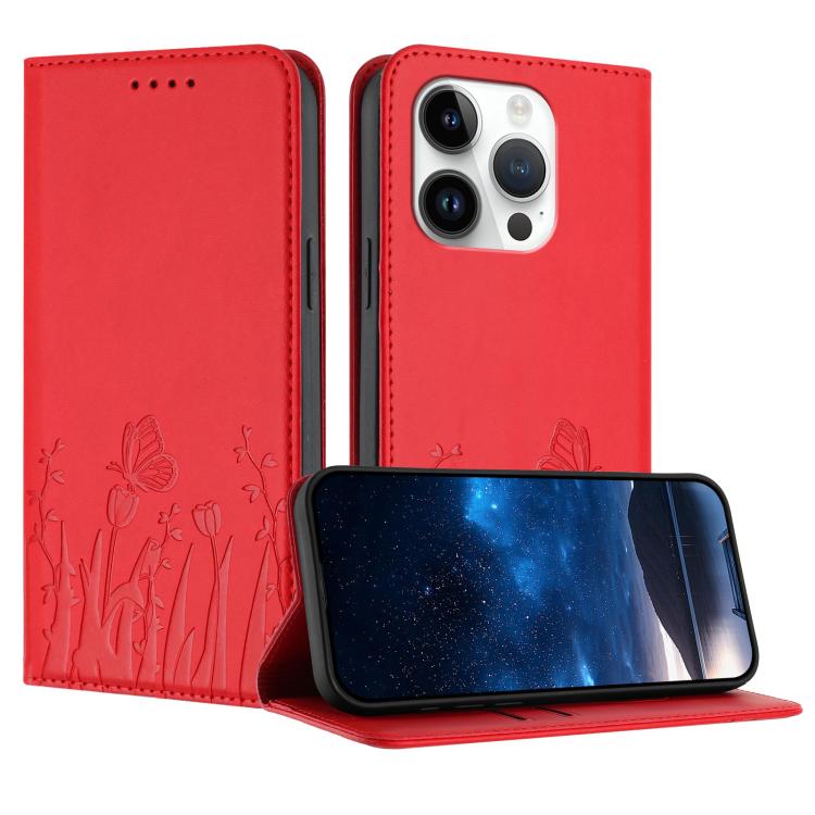 Tulips Butterfly Pattern Magnetic Vegan Leather Phone Case, For iPhone 15, For iPhone 14 Plus, For iPhone 14, For iPhone 14 Pro