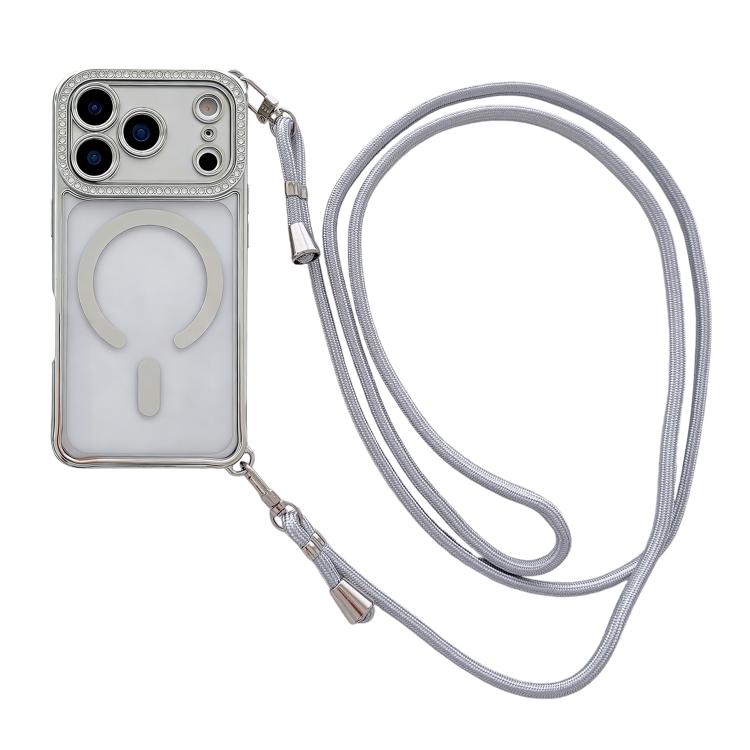 Rhinestone Clear Acrylic Electroplated Magnetic Phone Case with Right-Side Crossbody Lanyard, For iPhone 17 Pro Max, For iPhone 17 Pro, For iPhone 17, For iPhone Air, For iPhone 16 Pro Max, For iPhone 16 Pro, For iPhone 16 Plus, For iPhone 16          ...