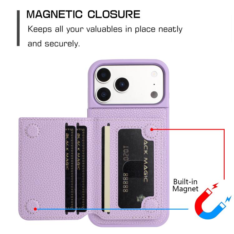 Litchi Pattern Magnetic Card Bag Holder Phone Case, For iPhone 18 Pro / 17 Pro, For iPhone 18 Pro Max / 17 Pro Max