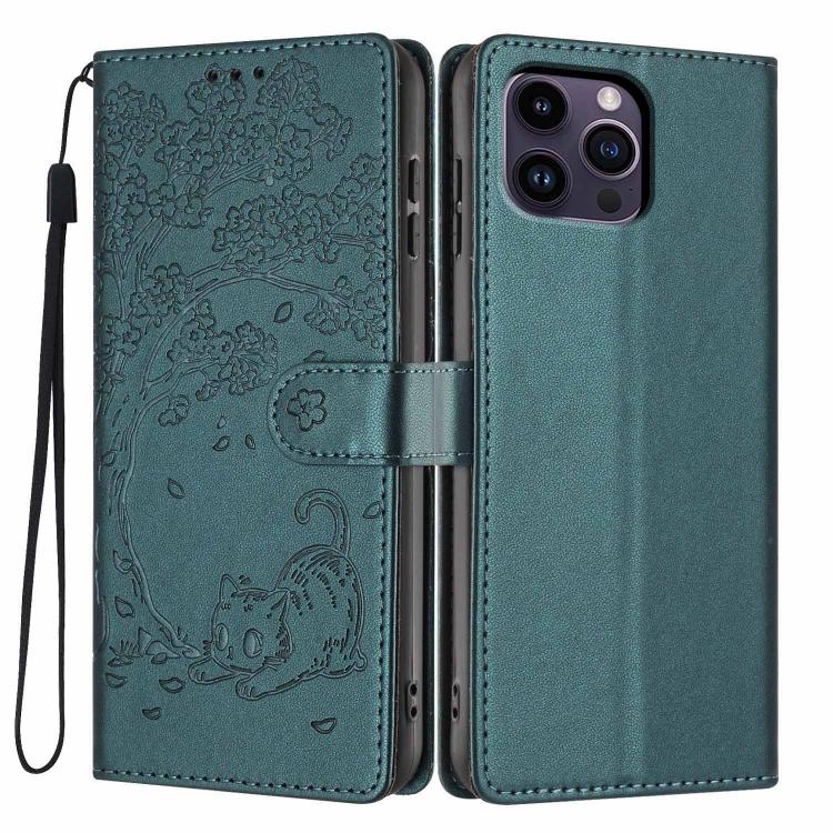 Tree Cat Embossed Flip Vegan Leather Phone Case, For iPhone 13 Pro, For iPhone 13, For iPhone 12 Pro Max, For iPhone 12 / 12 Pro, For iPhone 11 Pro Max, For iPhone 11