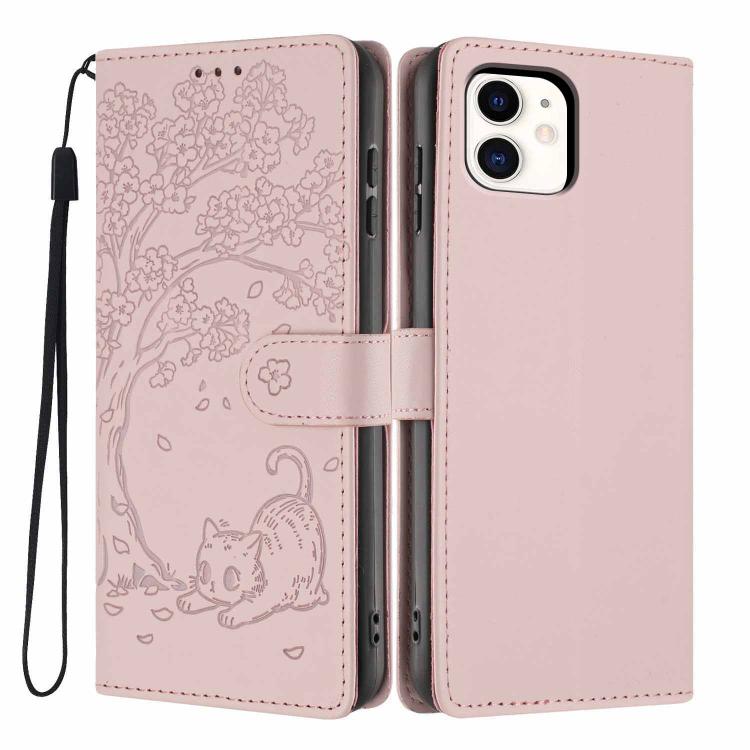 Tree Cat Embossed Flip Vegan Leather Phone Case, For iPhone 13 Pro, For iPhone 13, For iPhone 12 Pro Max, For iPhone 12 / 12 Pro, For iPhone 11 Pro Max, For iPhone 11