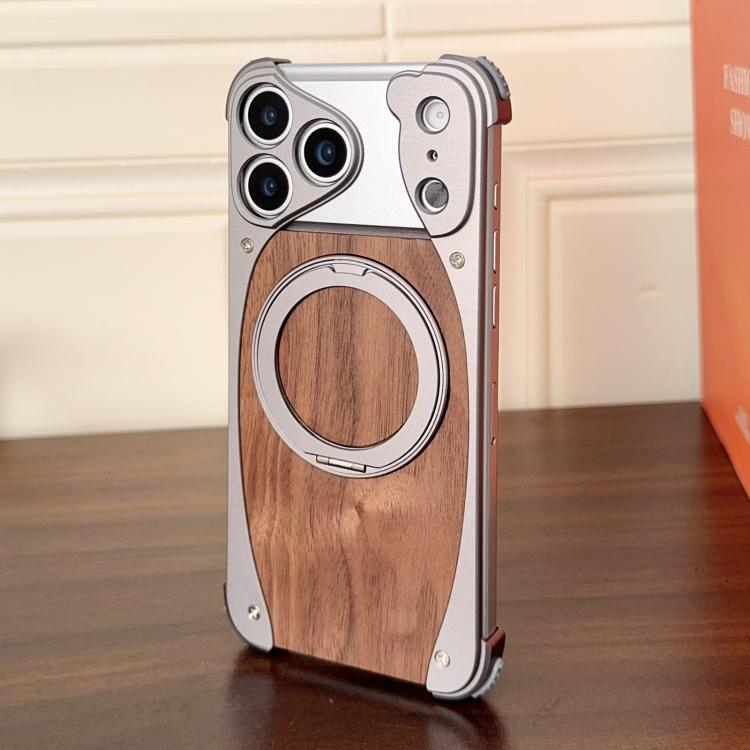 Walnut Metal Frameless 360 Degree Rotation Holder MagSafe Phone Case, For iPhone 17 Pro Max, For iPhone 17 Pro