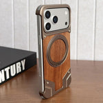 Armor Walnut Wood Metal Frameless 360 Rotation Holder Magnetic Phone Case, For iPhone 17 Pro Max, For iPhone 17 Pro
