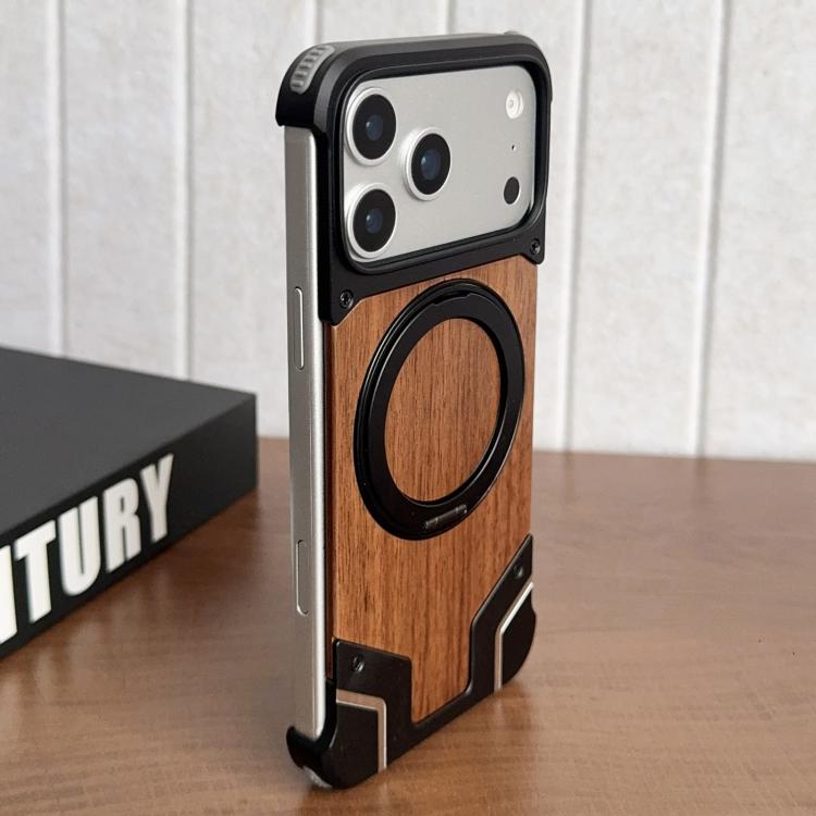 Armor Walnut Wood Metal Frameless 360 Rotation Holder Magnetic Phone Case, For iPhone 17 Pro Max, For iPhone 17 Pro