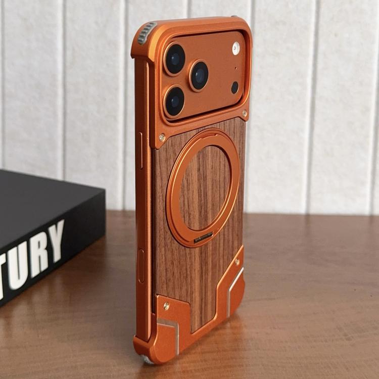 Armor Walnut Wood Metal Frameless 360 Rotation Holder Magnetic Phone Case, For iPhone 17 Pro Max, For iPhone 17 Pro