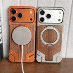 Armor Walnut Wood Metal Frameless 360 Rotation Holder Magnetic Phone Case, For iPhone 17 Pro Max, For iPhone 17 Pro