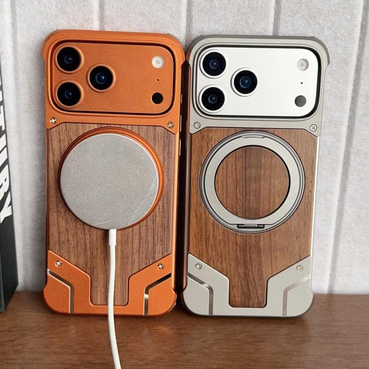 Armor Walnut Wood Metal Frameless 360 Rotation Holder Magnetic Phone Case, For iPhone 17 Pro Max, For iPhone 17 Pro