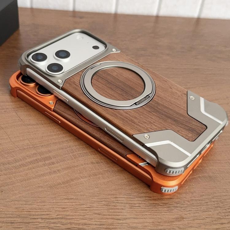 Armor Walnut Wood Metal Frameless 360 Rotation Holder Magnetic Phone Case, For iPhone 17 Pro Max, For iPhone 17 Pro