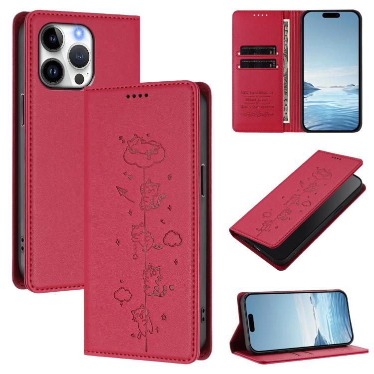 Cute Cats Embossed Magnetic RFID Vegan Leather Phone Case, For iPhone 15, For iPhone 14 Plus, For iPhone 14 / 13, For iPhone 14 Pro