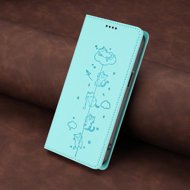Cute Cats Embossed Magnetic RFID Vegan Leather Phone Case, For iPhone 14 Pro Max, For iPhone 13 Pro Max, For iPhone 13 Pro, For iPhone 12 Pro Max
